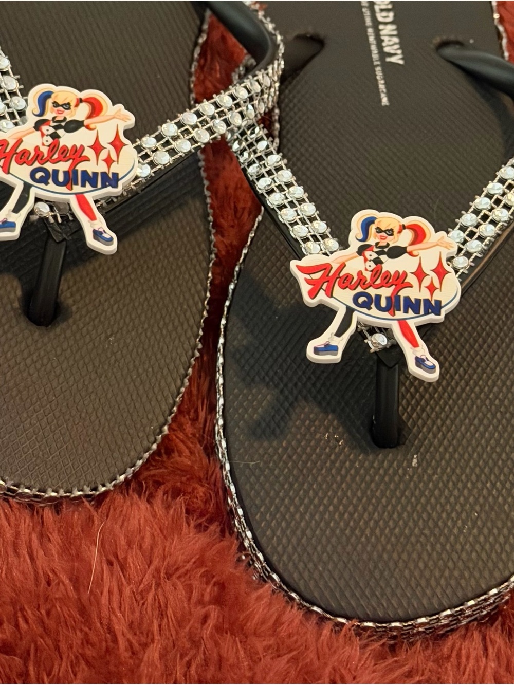 Harley Quinn Black Rhinestone Women's Flip Flop Sandals